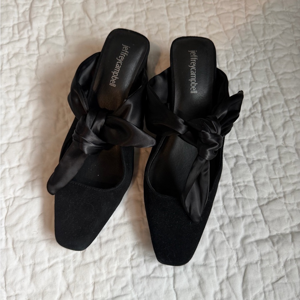 Jeffrey Campbell Jenae-Tie Black Satin Bow Mules